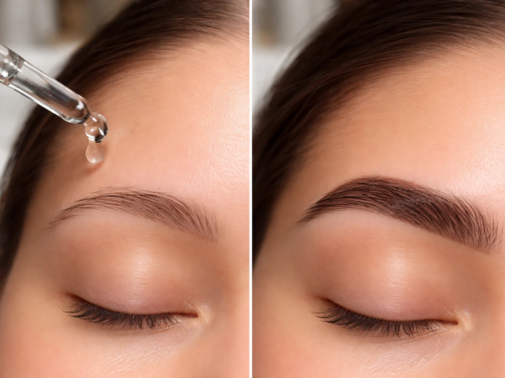 Close-up split comparison of sparse vs fuller eyebrows with a serum dropper applicator visible.