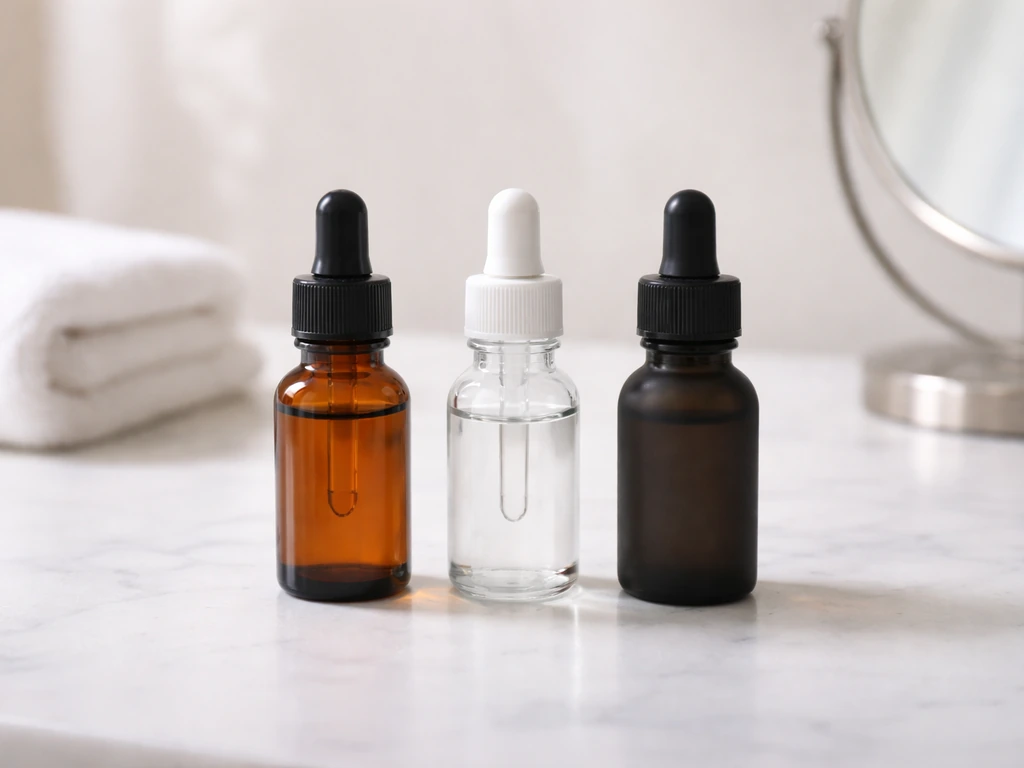 Minimal beauty scene with three small product bottles on a vanity, suggesting eyebrow-growth options by goal.