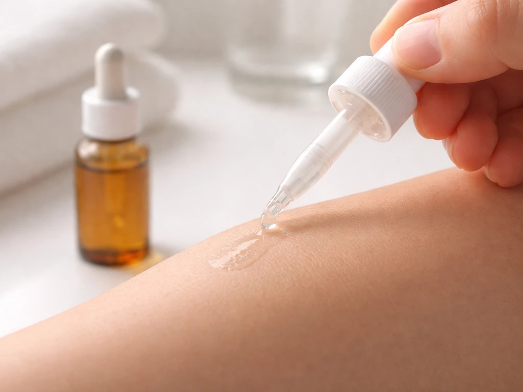 Minoxidil 2% dropper and small applicator applying solution to clean, dry skin at the brow area.