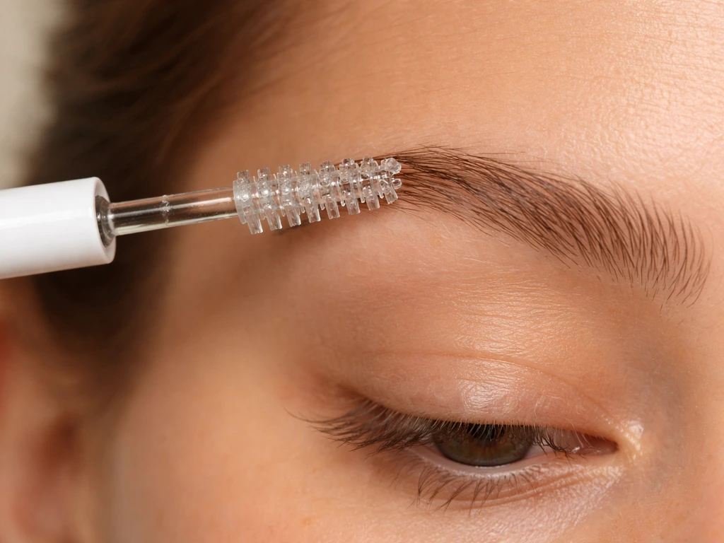 Close-up of a spoolie brushing clear brow serum onto sparse eyebrow hairs near the tail.