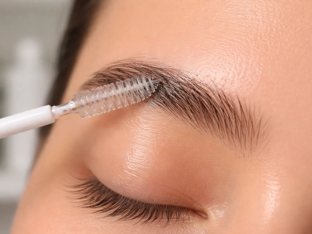 Close-up of clean spoolie gently applying a tiny smear of petroleum jelly to an eyebrow for conditioning.