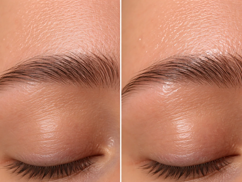 Macro side-by-side eyebrow skin close-up: matte brow vs petroleum-jelly glossy sheen.