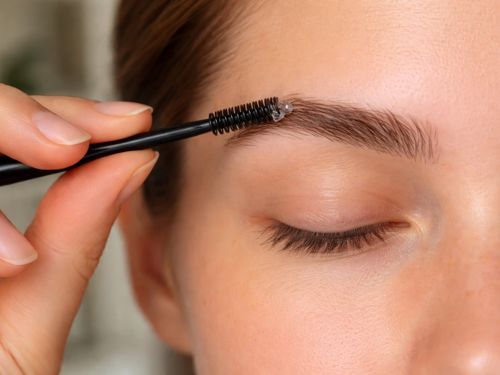 Hands using a clean spoolie to apply a tiny amount of Vaseline to eyebrows at night.