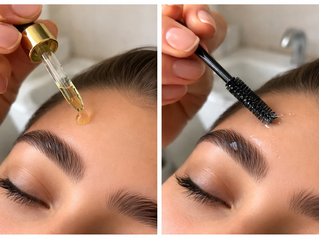 Hands using a dropper for castor oil and a spoolie to apply a thin Vaseline layer to eyebrows.