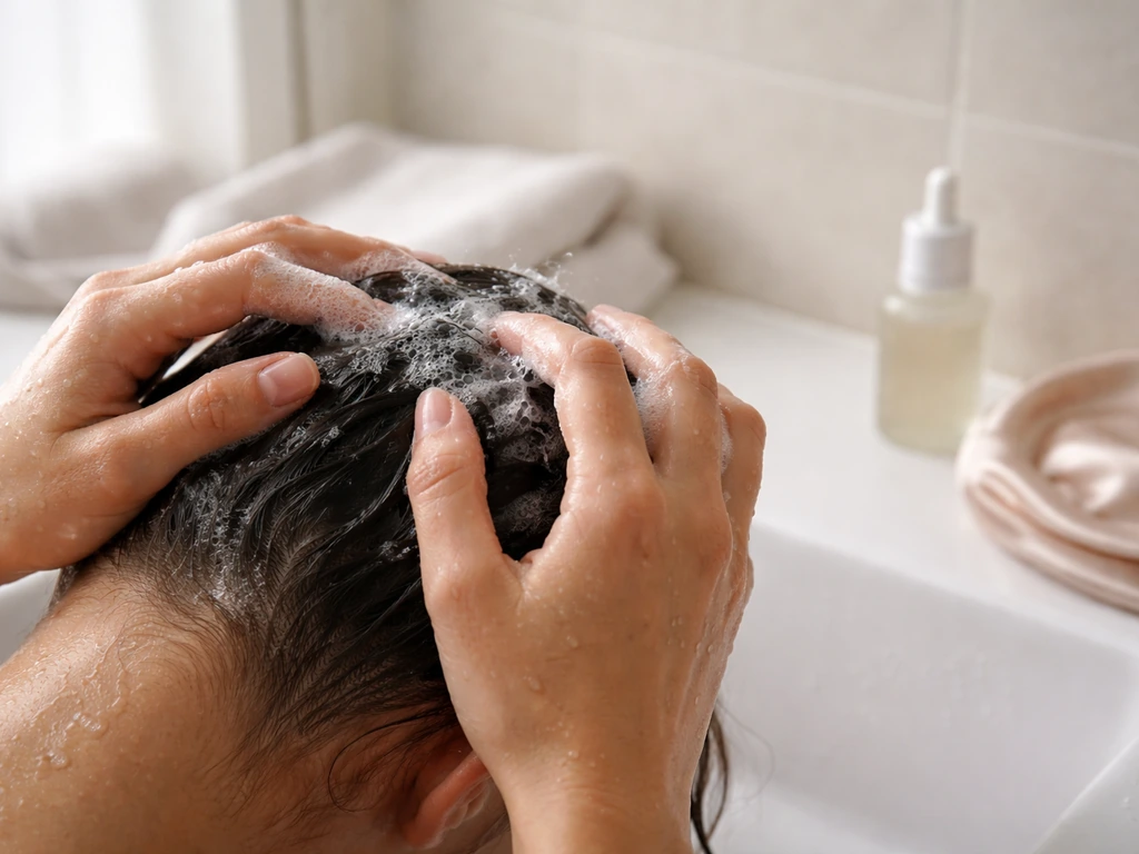 Person washing face gently in a bright bathroom, setting up an overnight hair-care routine