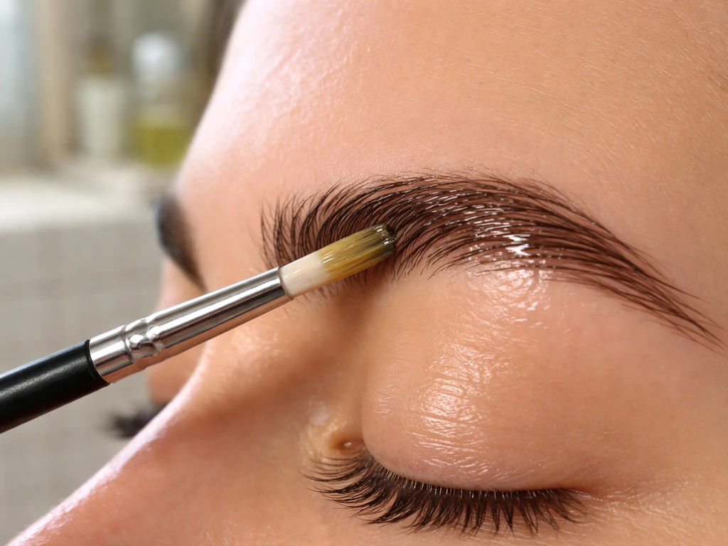 Close-up of rosemary oil applied to eyebrows with a clean applicator brush in natural light.