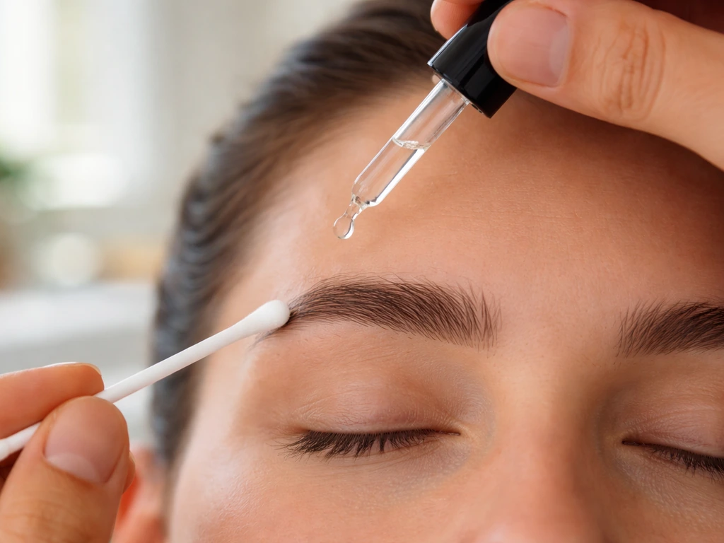 Anonymous hand with a single measured drop and cotton swab applying tiny minoxidil amount along the eyebrow line.