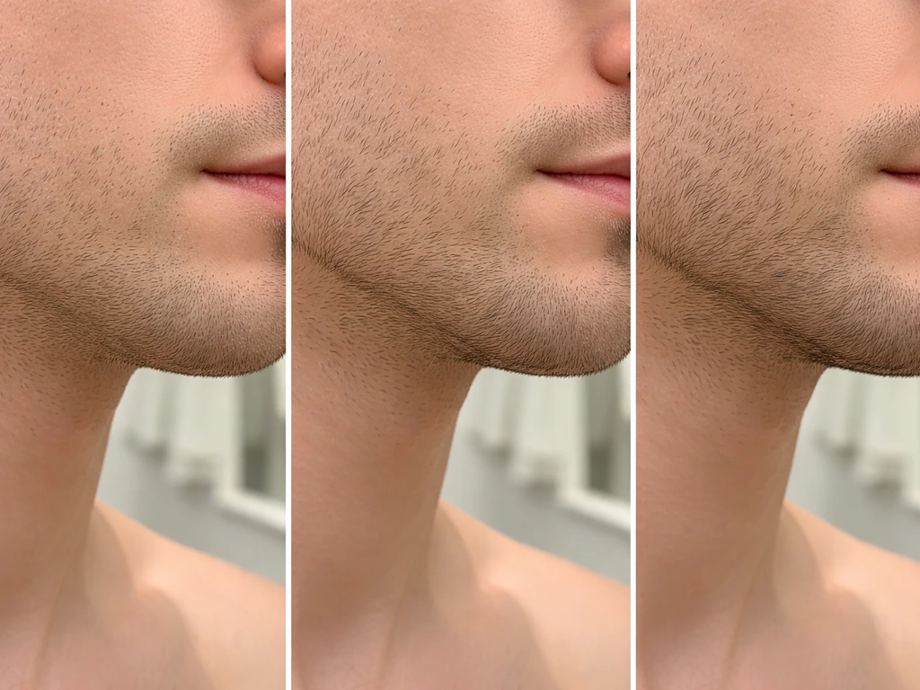 Three close-ups of anonymous jaw stubble showing regrowth at day 3, 7, and 14.