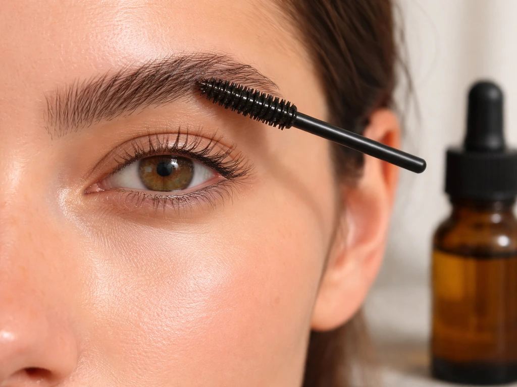 Close-up of a brow spoolie applying castor oil to eyebrows, with a small dropper bottle nearby.
