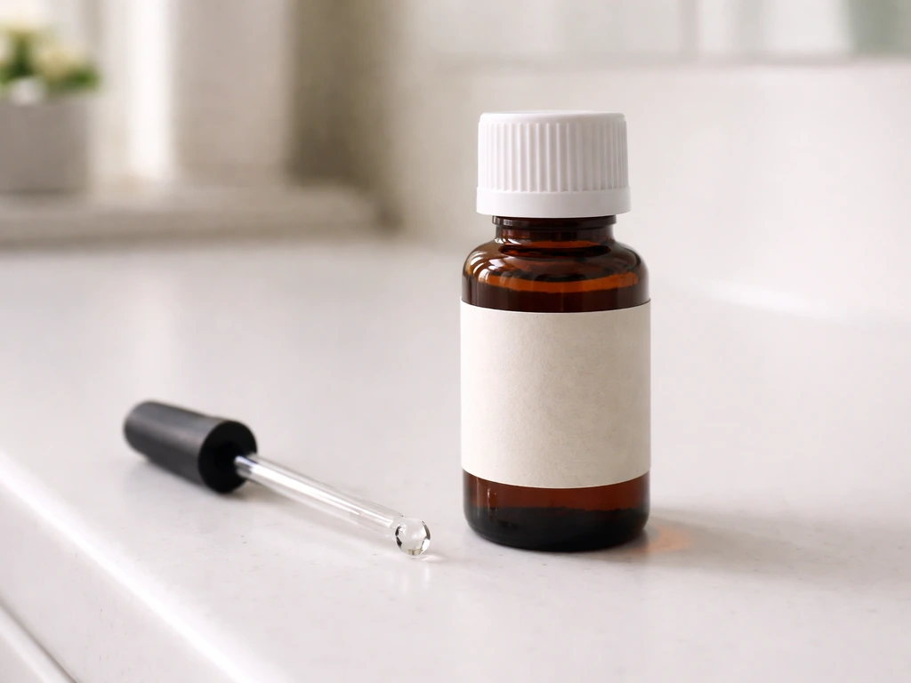 Close-up of minoxidil bottle with brow applicator drop on counter, minimal skincare scene