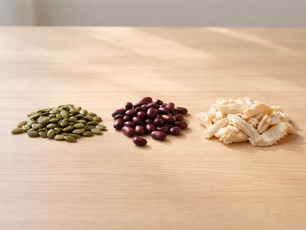 Zinc-, iron-, and protein-rich foods (pumpkin seeds, lentils/beans, chicken/tofu) arranged on a light table.