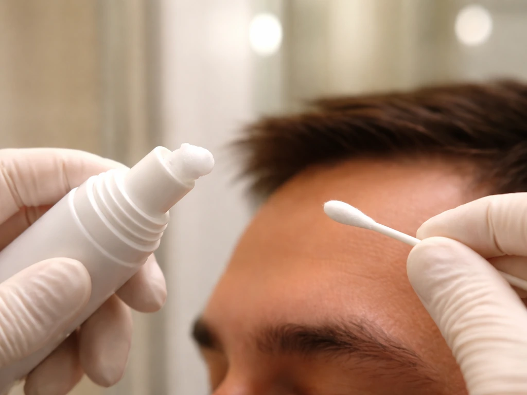 Hands holding minoxidil applicator and a cotton swab at a safe distance from an eye-level brow line