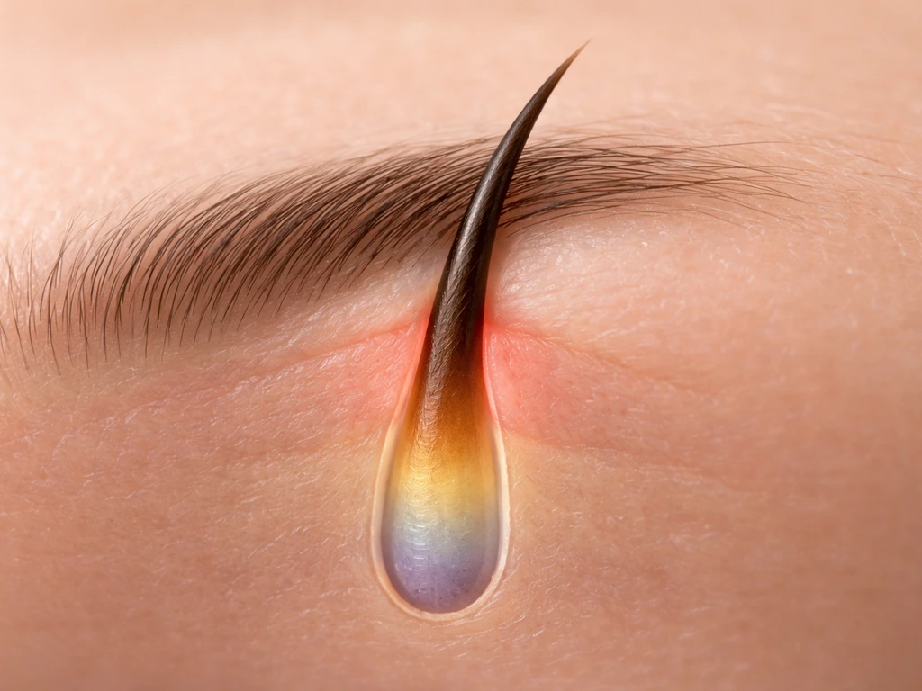 Macro cross-section of a single eyebrow hair in skin showing three subtle phase zones.