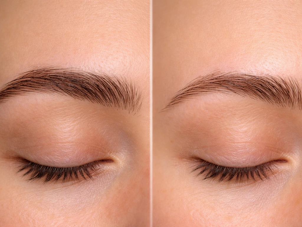 Close-up of eyebrows showing denser younger regrowth vs sparser older outer-third regrowth.