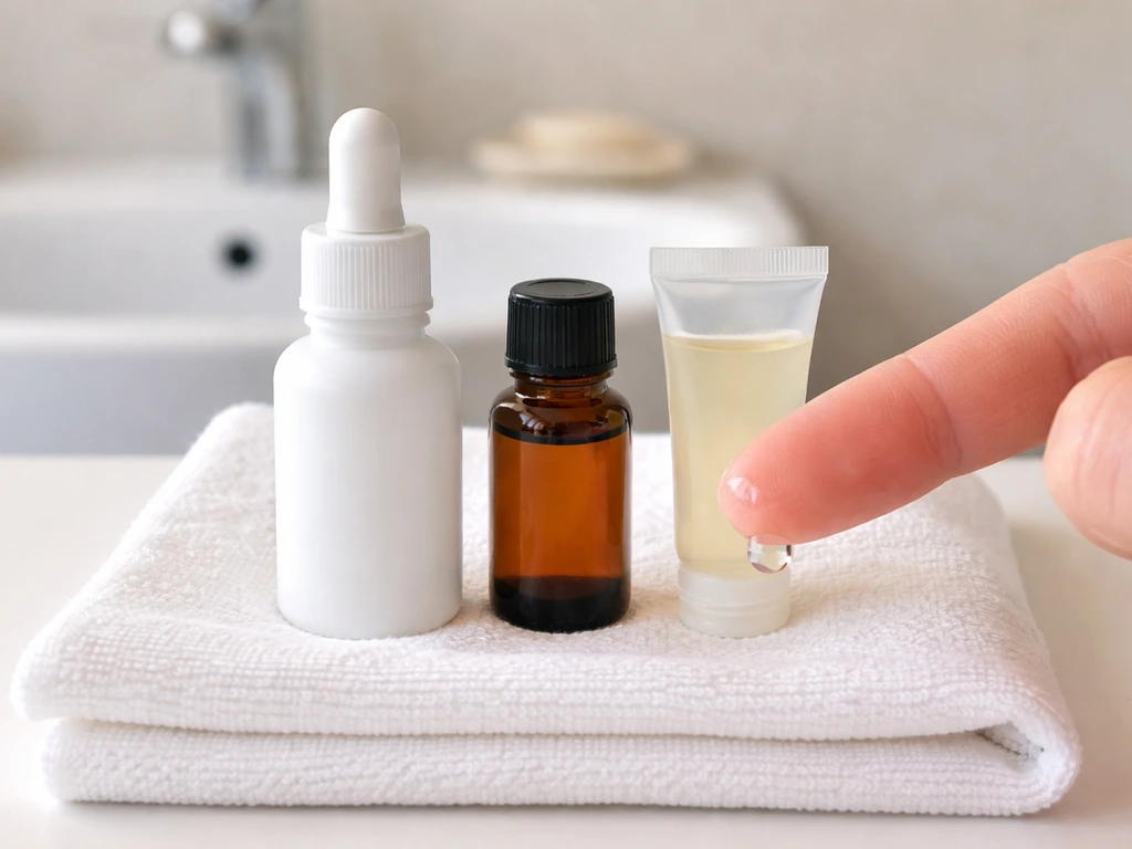 At-home counter with three unlabeled hair-growth bottles and a dropper releasing a small drop above a cloth.