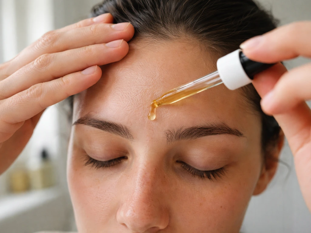 Close-up of hands gently applying oil between the brows for natural unibrow growth care.