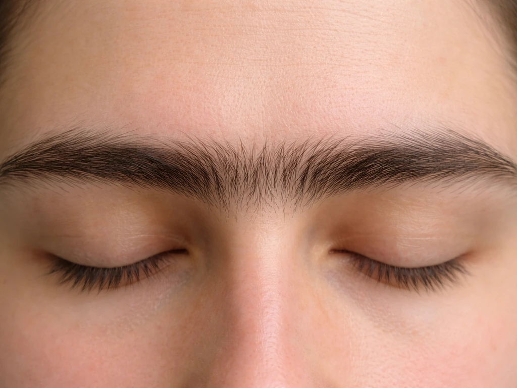 Close-up of eyebrows joined across the nasal bridge showing a unibrow (synophrys).