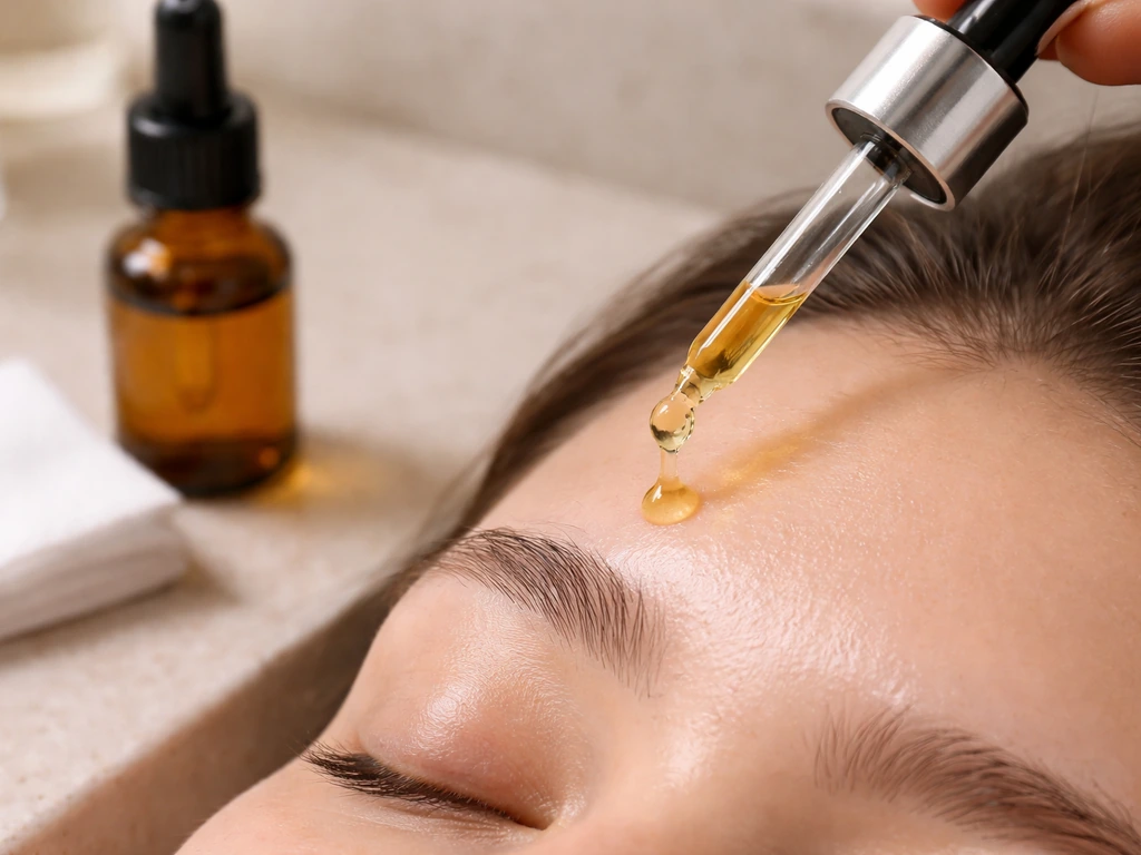 Close-up of a dropper applying amber oil to the center brow area on clean skin.