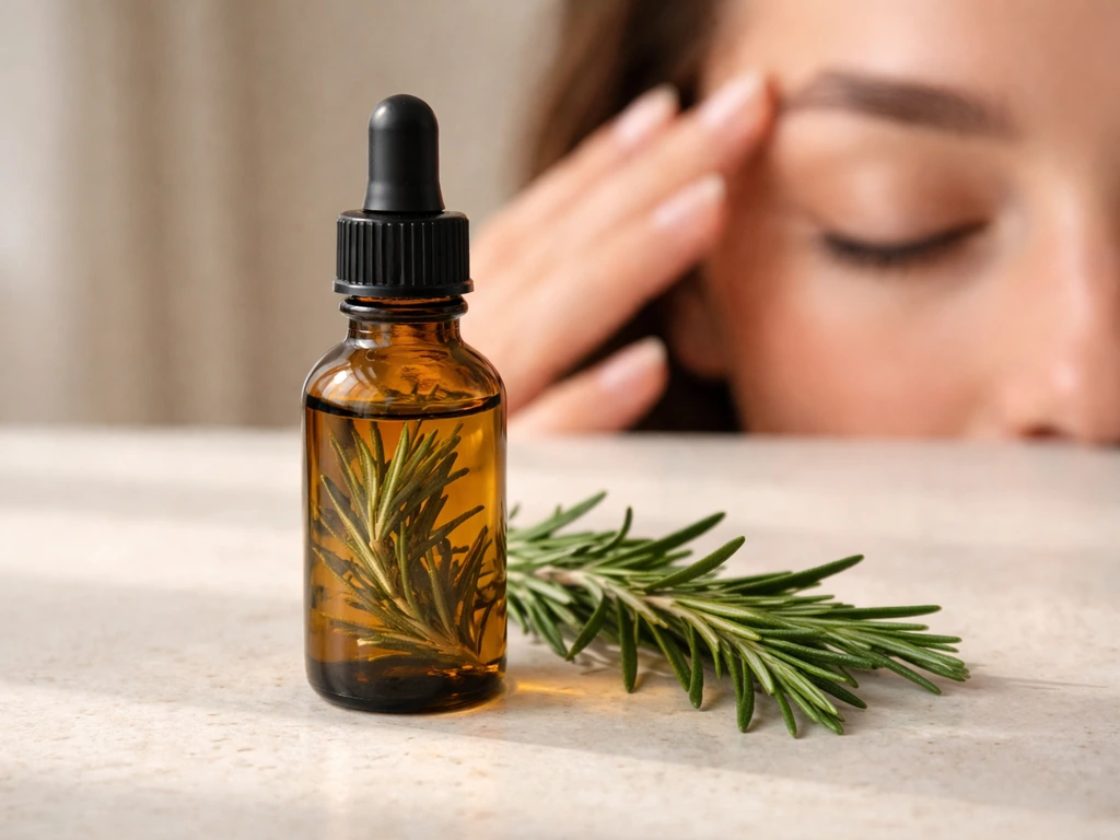 Amber dropper bottle of rosemary oil beside fresh rosemary sprigs with a softly blurred brow area close-up.