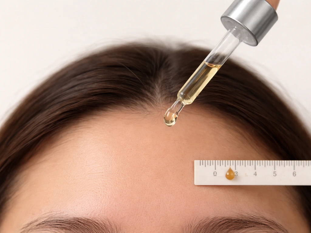 Dropper with 2% minoxidil solution resting beside a ruler-like guide near a bare brow center area.