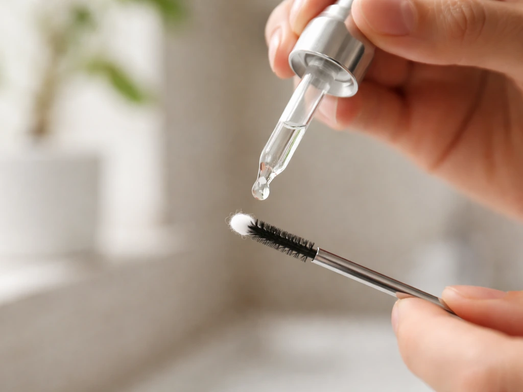 Small drop of minoxidil dispensed onto a spoolie/cotton tip for eyebrow application