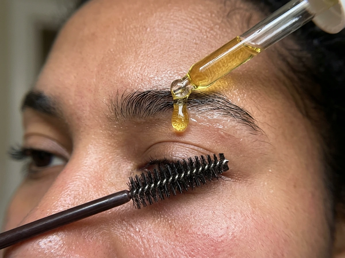 Castor oil close-up applied to brows with a spoolie