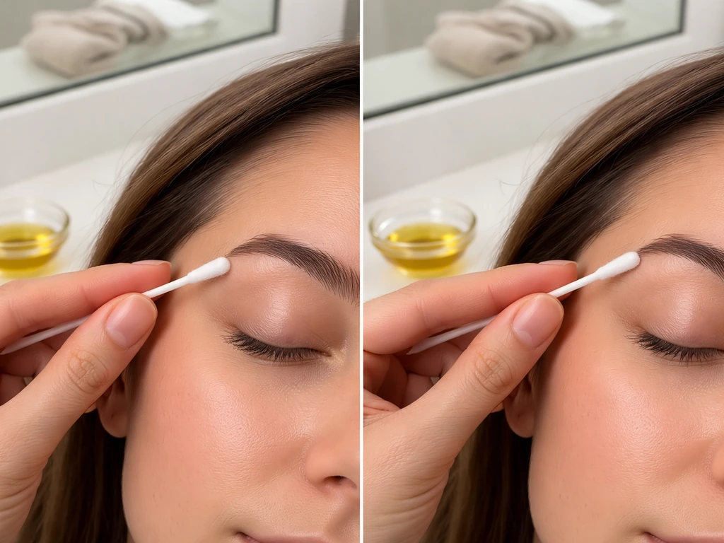 Person patch-testing olive oil near eyebrow, then applying it with a cotton swab on brows