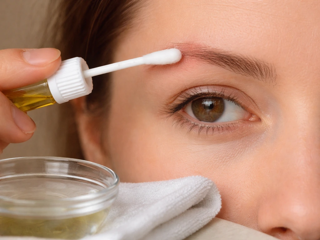 Close-up of an eye area with olive oil being applied carefully using a cotton swab, cloth and water nearby.