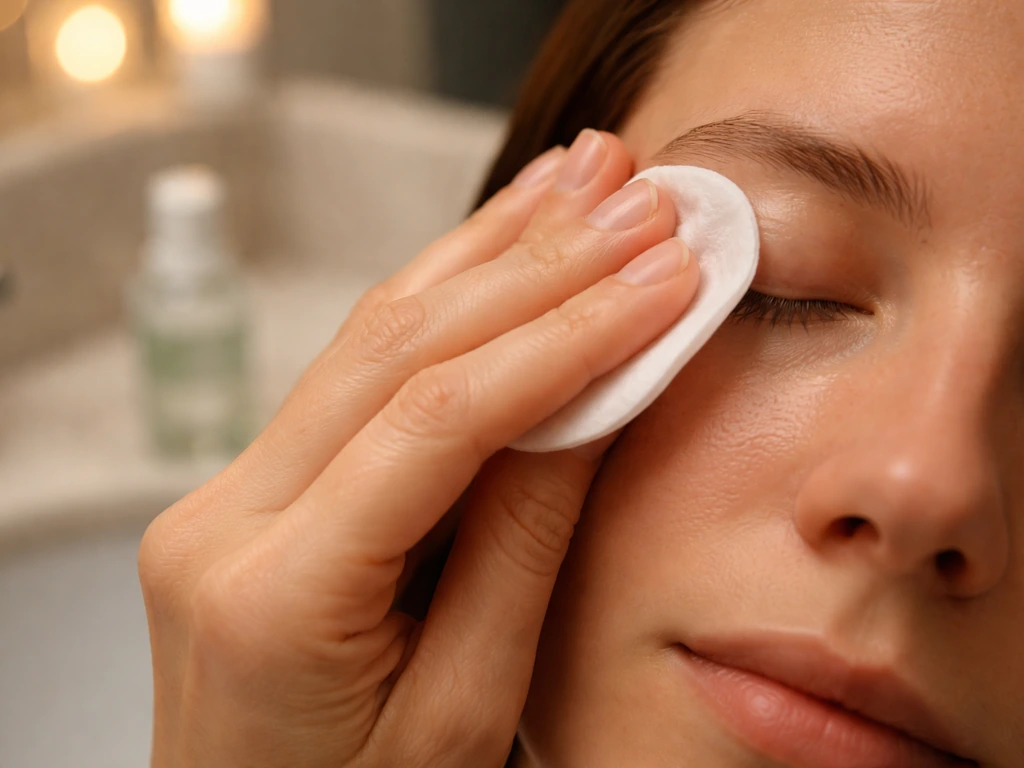 Close-up of hands gently cleansing the eye area with a cotton pad and micellar cleanser at night