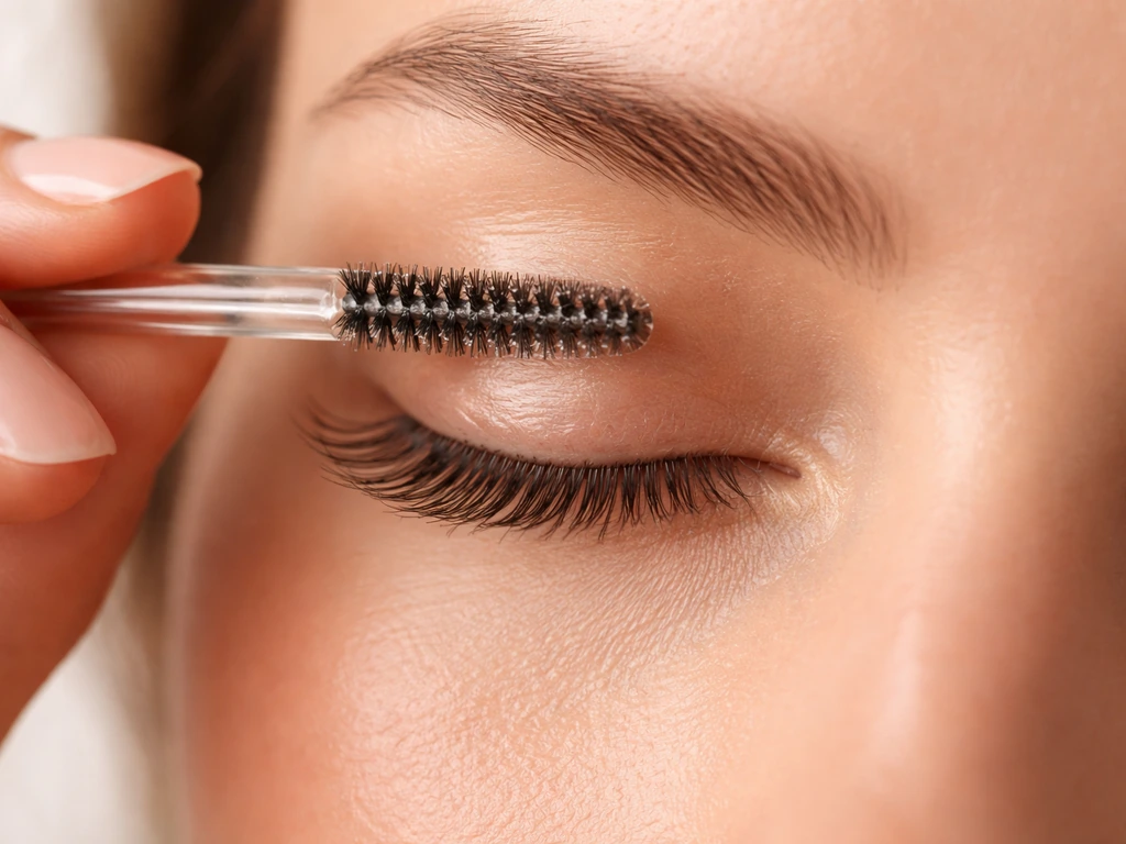 Close-up of a clean spoolie applying castor oil to lashes in soft natural light