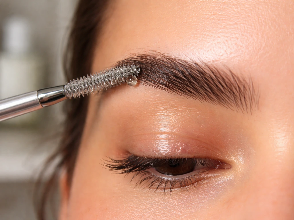 Close-up of eyebrows with a diluted rosemary oil drop being gently applied with a brow brush.