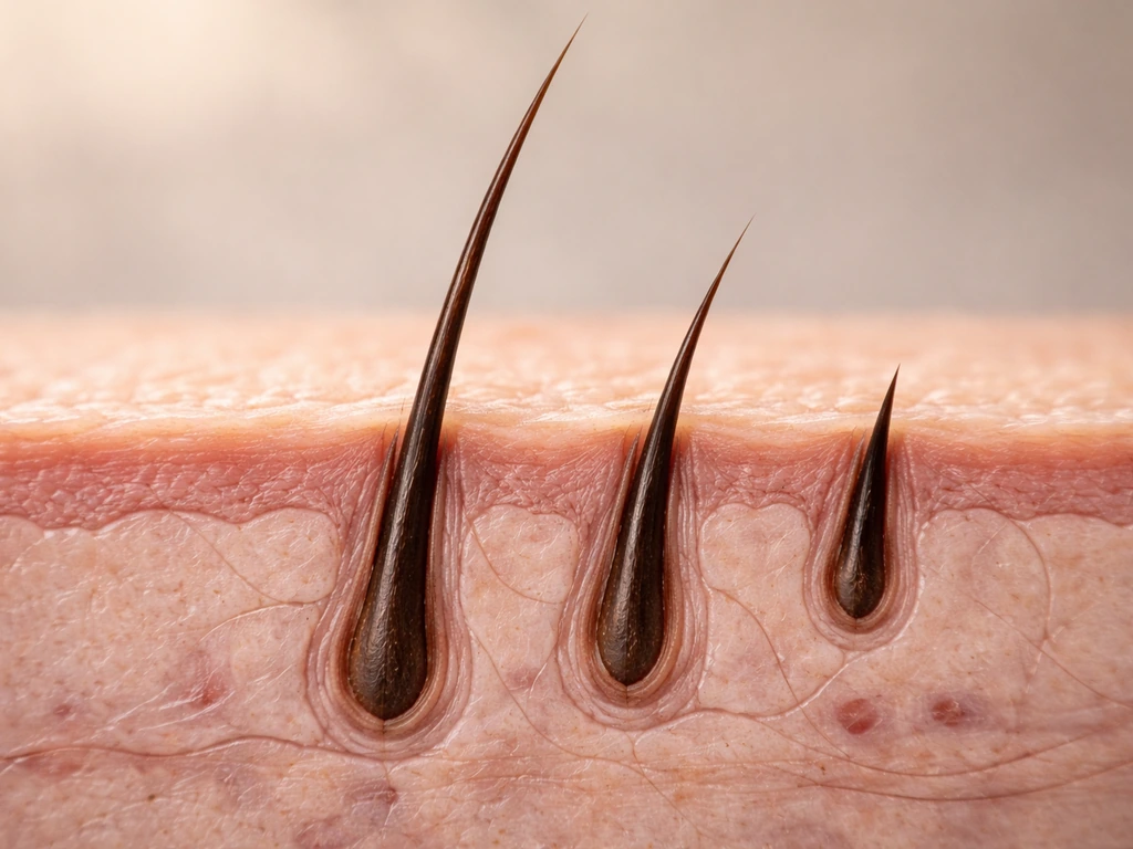 Macro photo-like view of one eyebrow follicle showing growth, transition, and resting stages for the hair cycle.