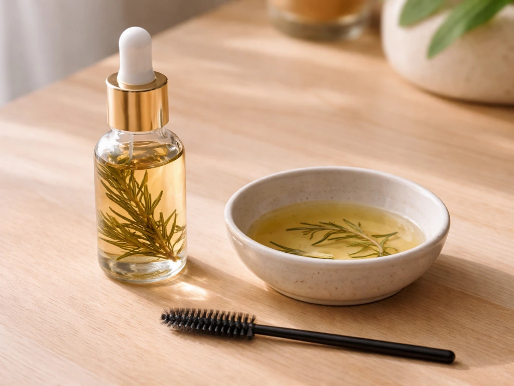 Diluted rosemary oil in a small bowl with a dropper bottle and clean spoolie on a wood surface.