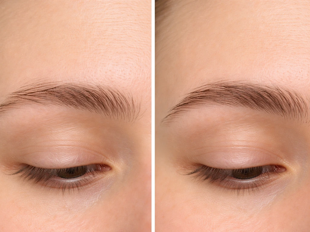 Minimal close-up of eyebrows with subtle early fine hairs, beside a later fuller look in soft natural light.