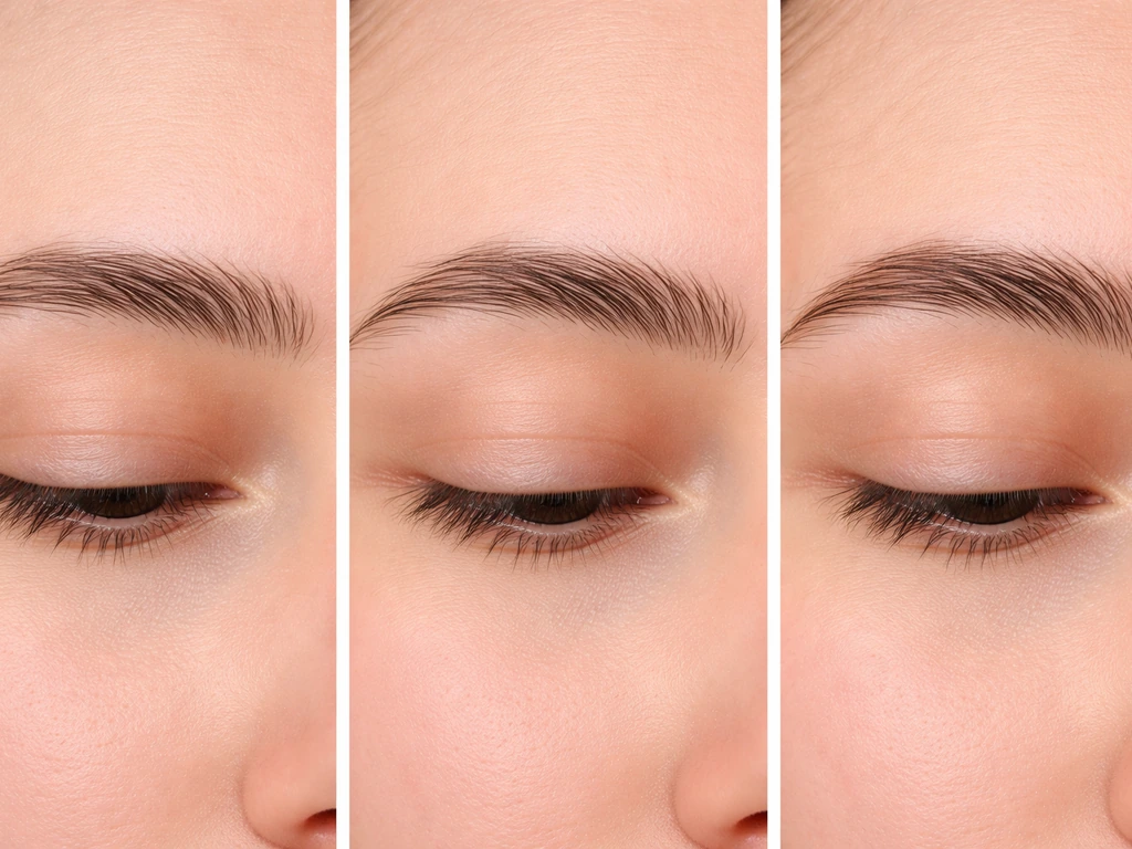 Three realistic eyebrow close-ups showing conditioning, early growth, and fuller brows progression.