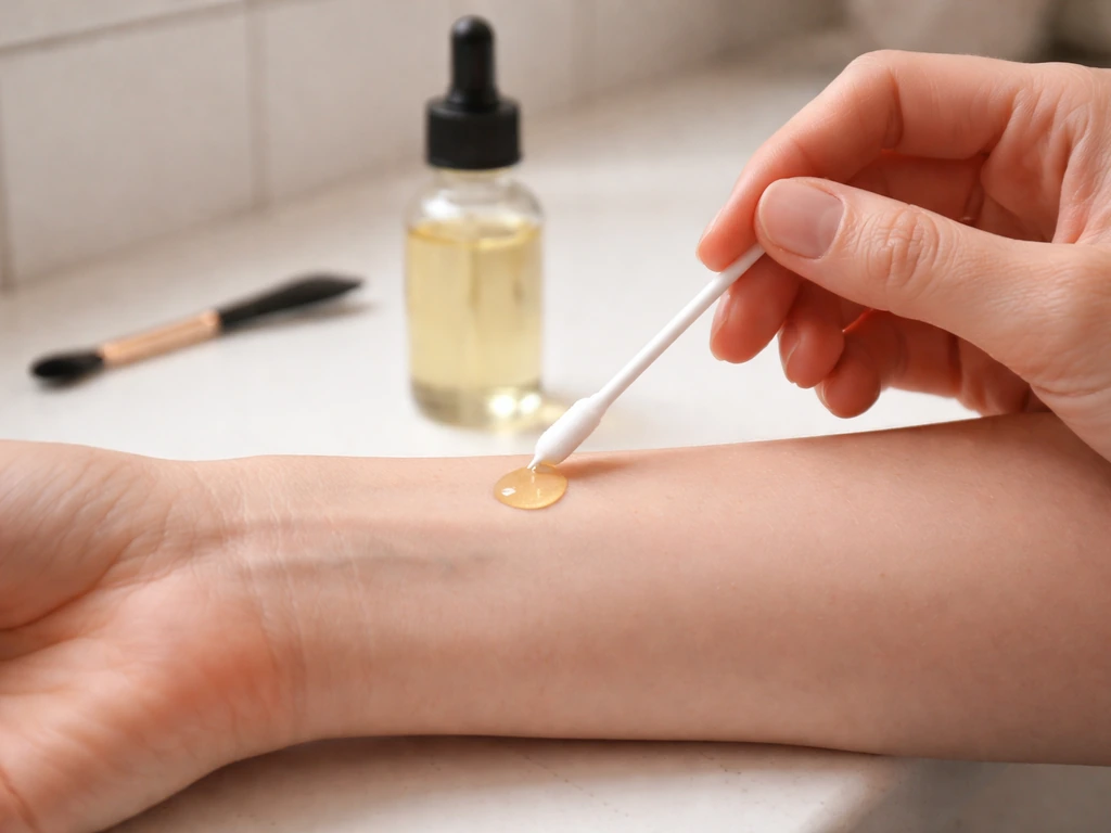 Close-up of castor oil patch test on the wrist with a cotton swab, minimal bathroom setting.