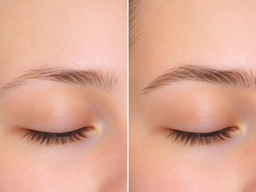 Two side-by-side close-ups of anonymous eyebrows: fuller and more even after months 2–4, fewer gaps.