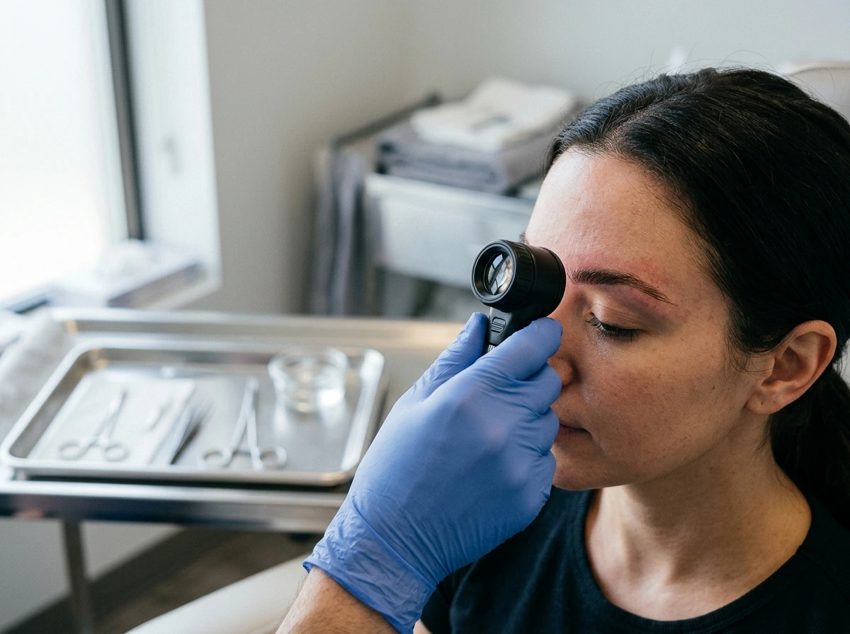 Clinician’s gloved hands preparing an eyebrow transplant under magnification during a consult