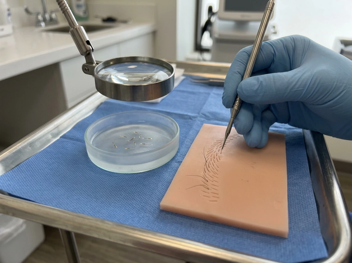 Brow transplant hair follicles harvested and implanted into tiny recipient slits