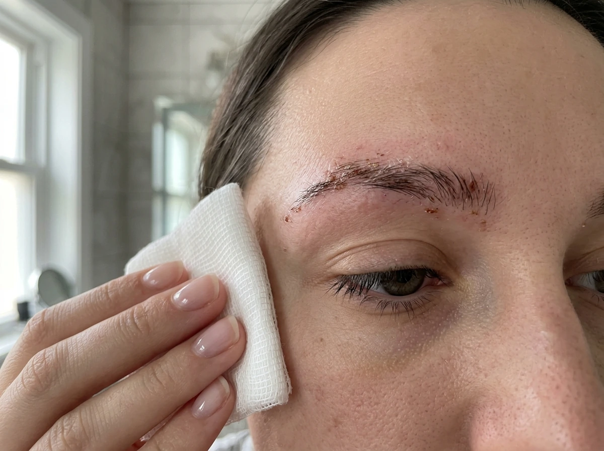 Implanted eyebrow hairs at two weeks with visible shedding and scabbing