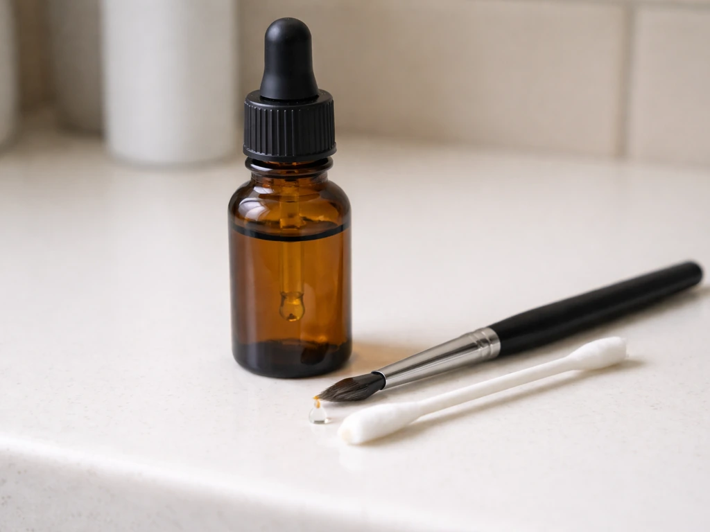 Close-up of minoxidil 2% liquid bottle with a tiny measured drop and eyebrow tools on a clean counter