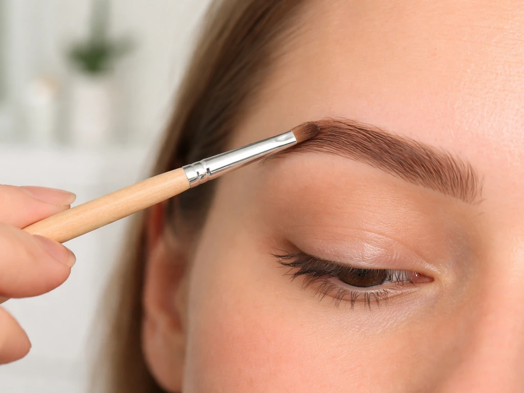 Close-up of a clean, dry brow as a small brush makes one careful daily pass along the eyebrow.
