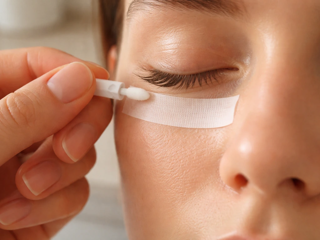 Hand applying cosmetic barrier tape near the eye while avoiding eyelids, focused on safe eye-area precautions