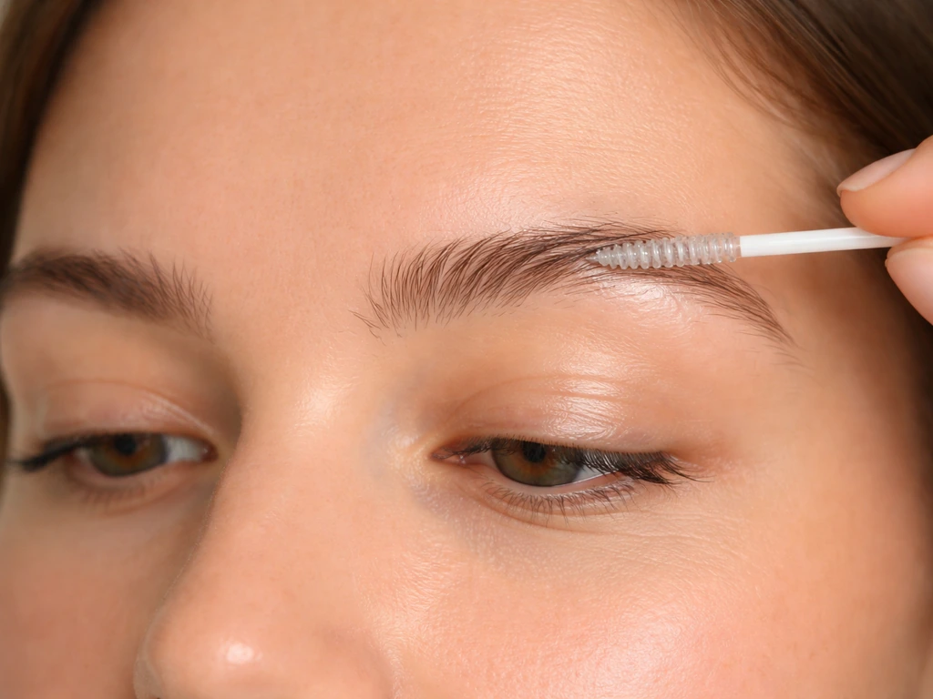 Close-up of naturally styled brows with subtle thinning and oil applied carefully for a regrowth journey