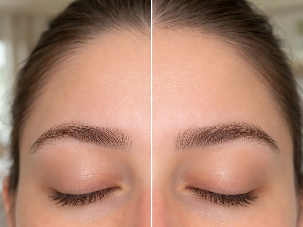 Split before-and-after close-up of brows: uneven thinning on one side, more even regrowth on the other.