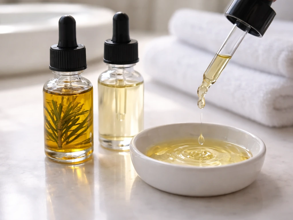 Close-up of rosemary and carrier oil in glass dropper bottles with a mixing tray on a bathroom counter.