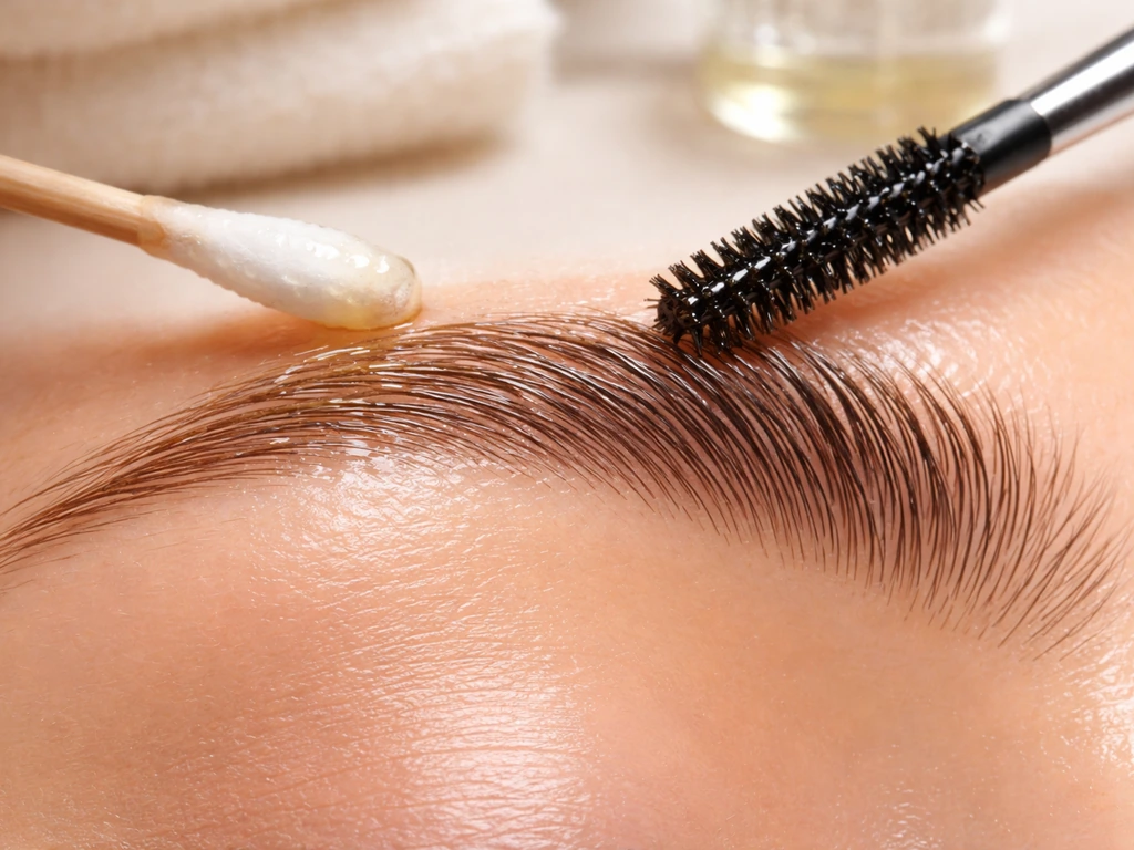 Close-up of castor oil applied along a brow line with a cotton swab and spoolie, showing glossy texture.