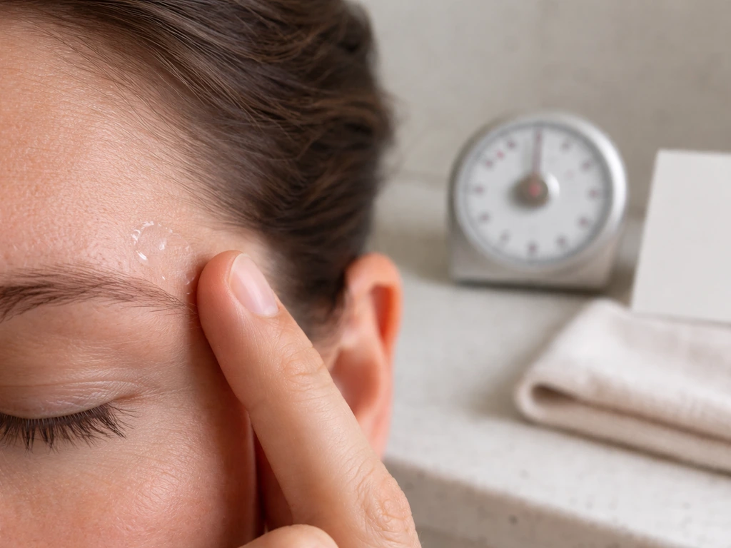 Close-up of a temple patch-test spot with skincare product, plus a blank timer and cloth nearby.