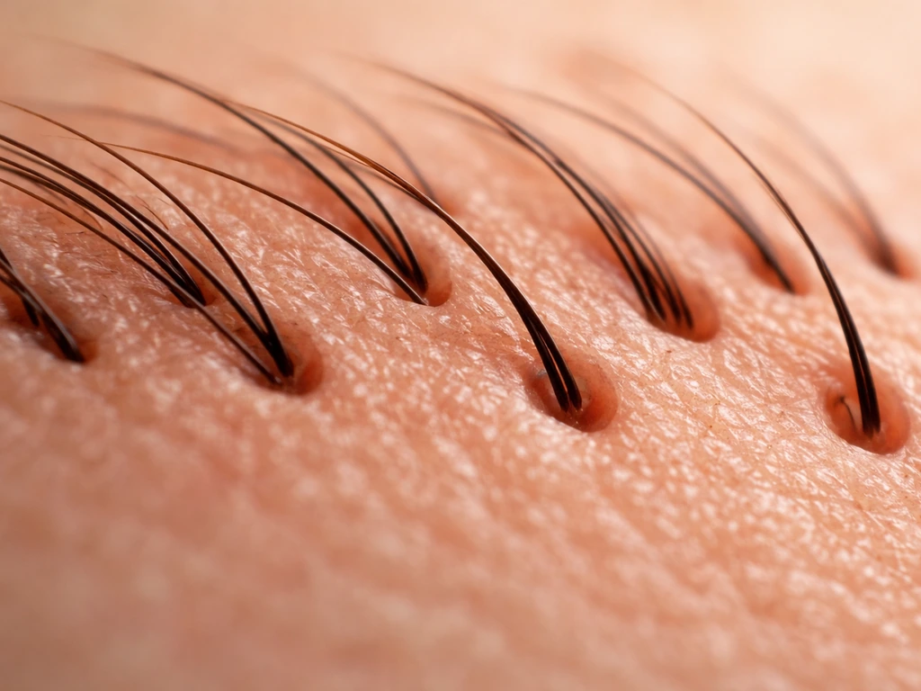 Macro close-up of eyebrow skin showing follicles angled differently with hairs growing in different directions