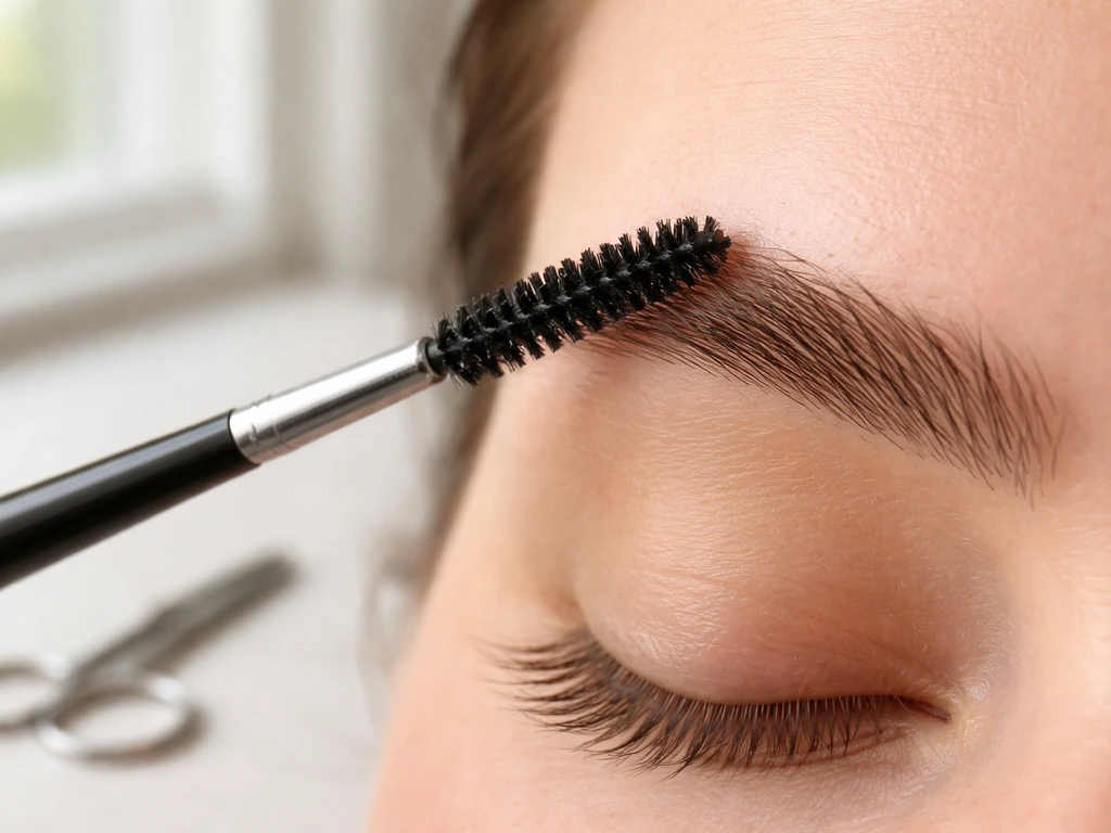 Close-up of brushing an eyebrow with a spoolie to redirect stubborn brow hairs on a vanity.